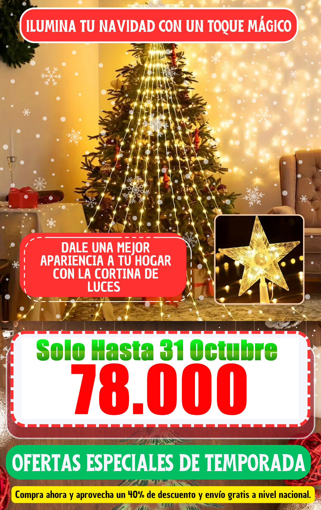 Extensión de luces navideñas con estrella en el extremo